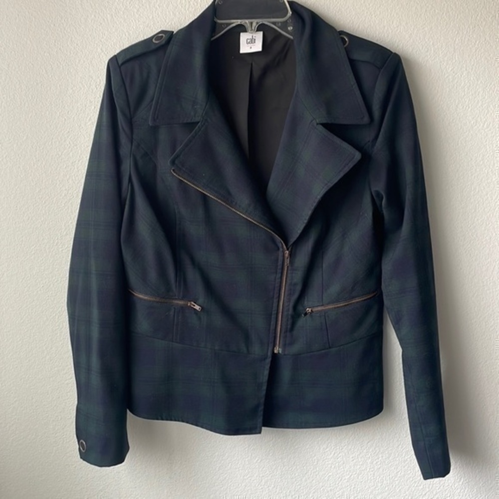CAbi jacket blazer blue and green plaid size 8 bikercore